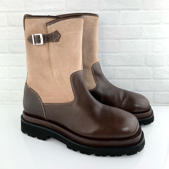 Free People Suede Leather Buckle Lug Double Up Moto Boots Chocolate Size 8 EU38 - Picture 2 of 15